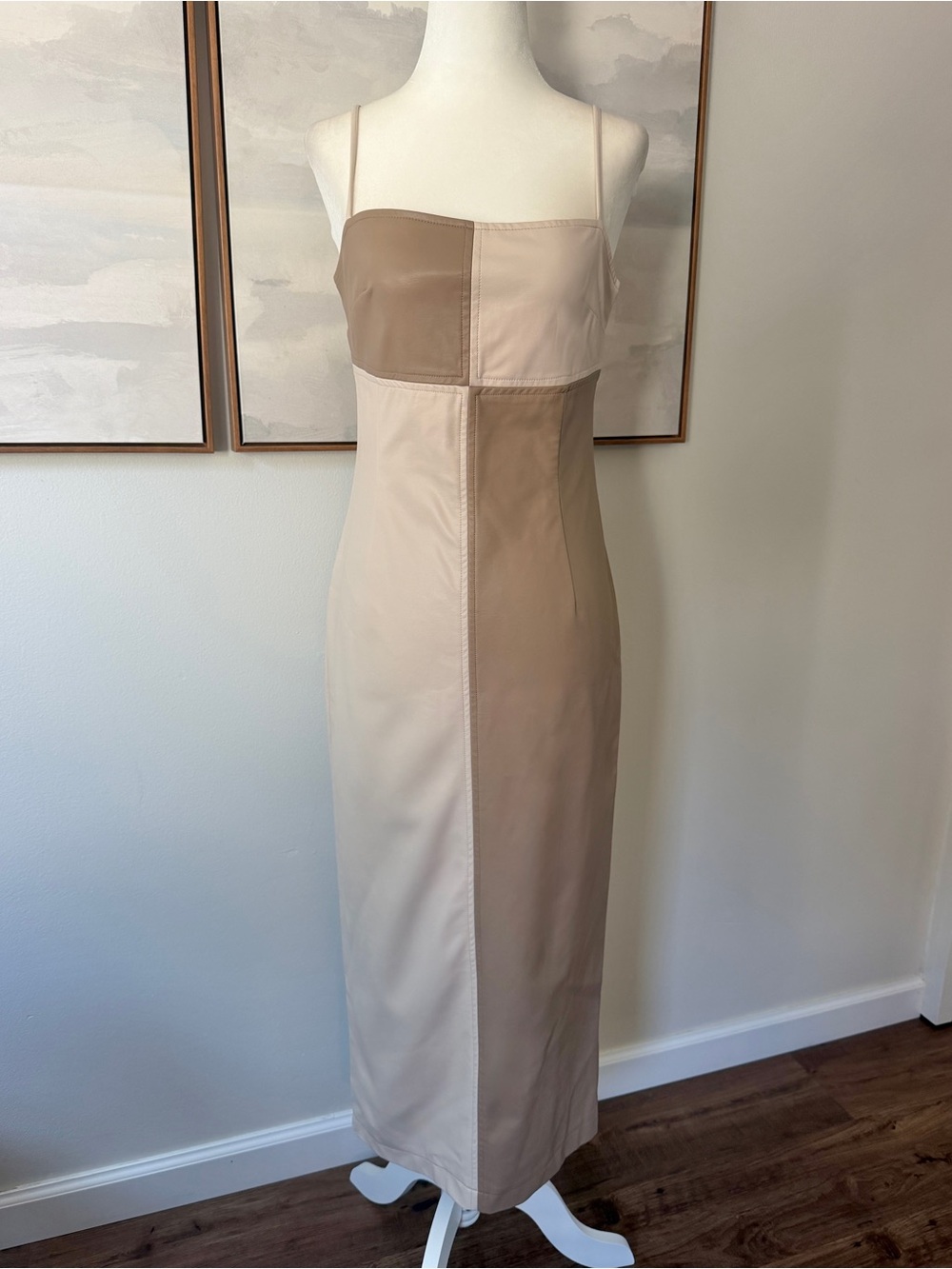 Crescent Vegan Leather Tan and Beige Colorblock Midi Dress Size medium